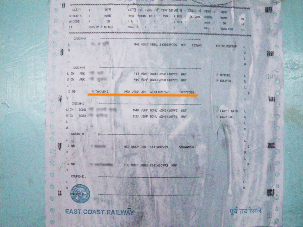 インドの列車の乗車確認票