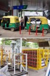 インド、CNG仕様のオートリキシャとガソリンスタンドのCNGタンク